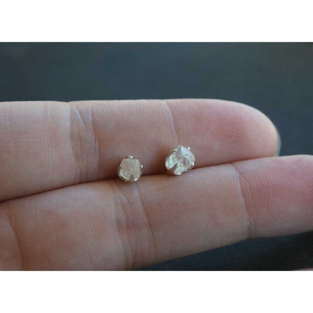Sterling silver stud earrings, alternative diamond, uncut natural gemsto…